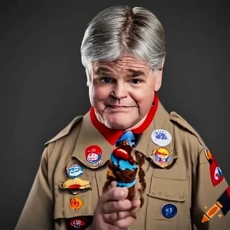 Sean hannity in cub scout uniform playing with chocolate ice-cream on news show on Craiyon