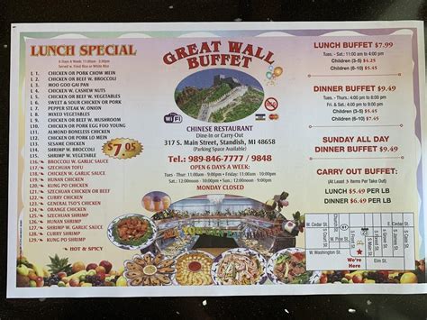 Menu at Great Wall Buffet restaurant, Standish