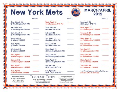 Printable 2019 New York Mets Schedule