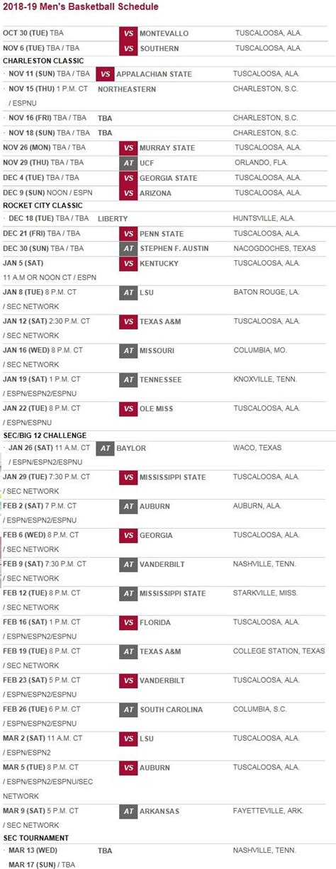 Alabama Basketball Schedule Released - Roll 'Bama Roll