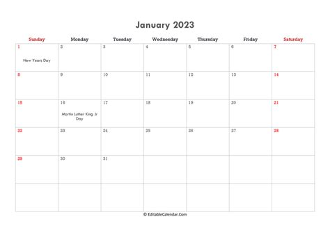 Download Editable Calendar January 2023 (Word Version)