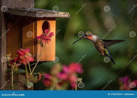 Hummingbird Feeding from a Birdhouse Feeder, with Beautiful ...