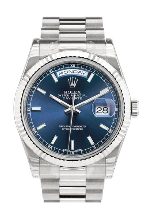 Rolex Day-Date 36 Blue Dial Fluted Bezel President White Gold Watch 118239 | WatchGuyNYC