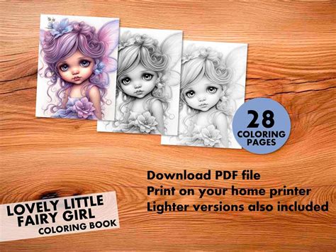 Lovely Little Fairy Girl Coloring Pages, for Adults and Kids, Instant Download, Grayscale ...