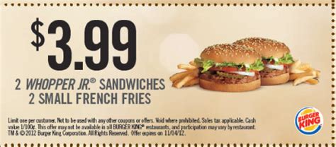 Burger King: $3.99 Whopper Jrs Printable Coupon