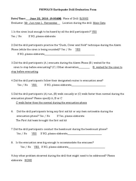 PHIVOLCS Earthquake Drill Evaluation Form