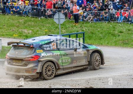 Jari Huttunen driving his Ford Fiesta Rally car at Croatia WRC rally in Kumrovec in April 2022 ...