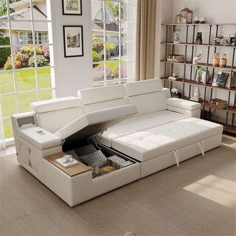 131" Sleeper Sectional Storage Sofa Pull Out Bed Headrest Adjustable with USB & Speaker-Homary