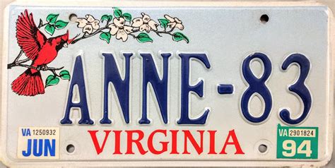 1994 Virginia Cardinal Vanity License Plate (ANNE-83)