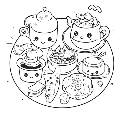 Plate Full Of Kawaii Food Coloring Pages Outline Sketch Drawing Vector ...