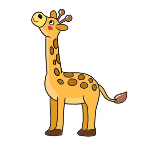 a cartoon giraffe with brown spots on it's face and neck, standing in