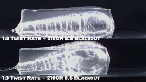 8.6 BLK | Ballistic Gel Slow Motion Footage | 1:3 210 Grain vs. 1:9 210 ...