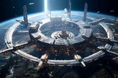 Premium AI Image | A futuristic space station with a large space station in the background.