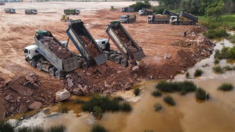 Ep91| Most Dump Trucks Shipping and Dumping Stone To Filling Up Working Hard With Komatsu Dozers ...