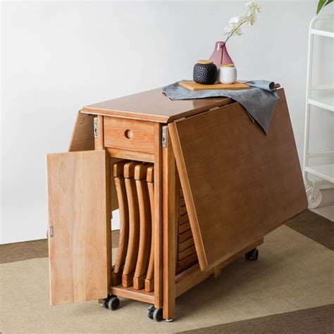 Modern Space Saving Solid Wood Folding Dining Table Set with Chair ...