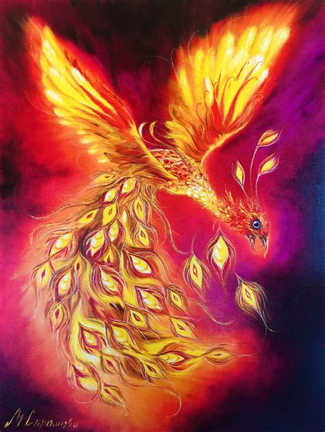 FLAME ENERGY - Red Firebird oil painting in interior, fantastic phoenix with palette knife and ...