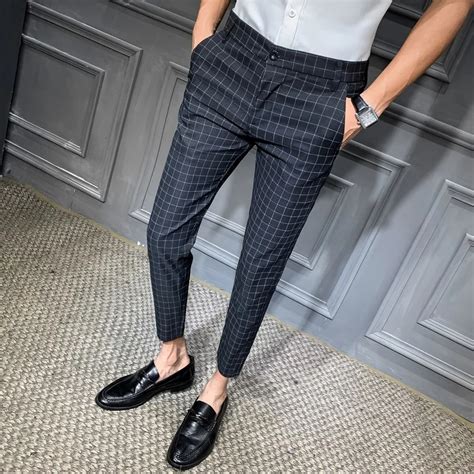 2019 Men Dress Pant Plaid Business Casual Slim fit Ankle Length ...