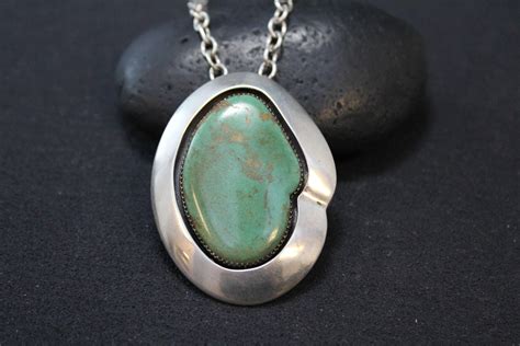 Stunning Sterling Silver Signed Native American Green Turquoise Necklace, Large Green Turquoise ...