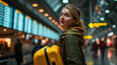 Premium Photo | A young woman at an international airport looks Ai generative