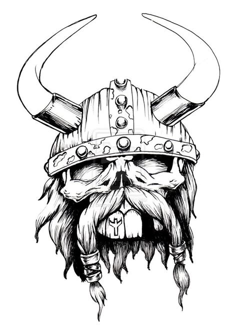 an ink drawing of a viking's head with horns and a helmet on it