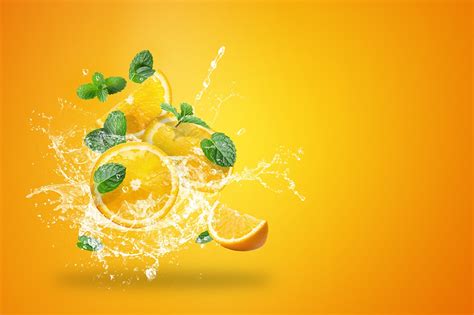 Photos Orange fruit Drops Water splash Food Colored background