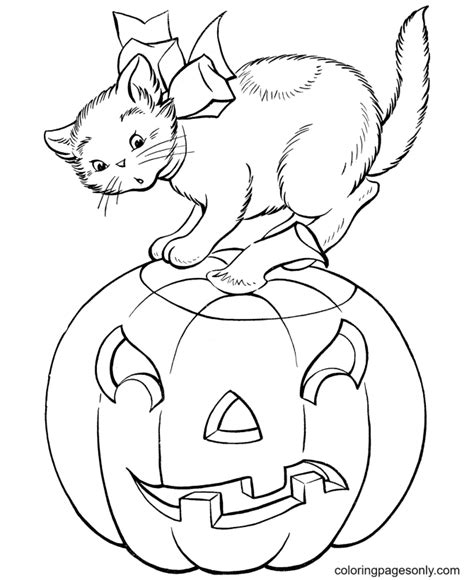 Cat and Evil Halloween Pumpkin Coloring Page - Free Printable Coloring Pages