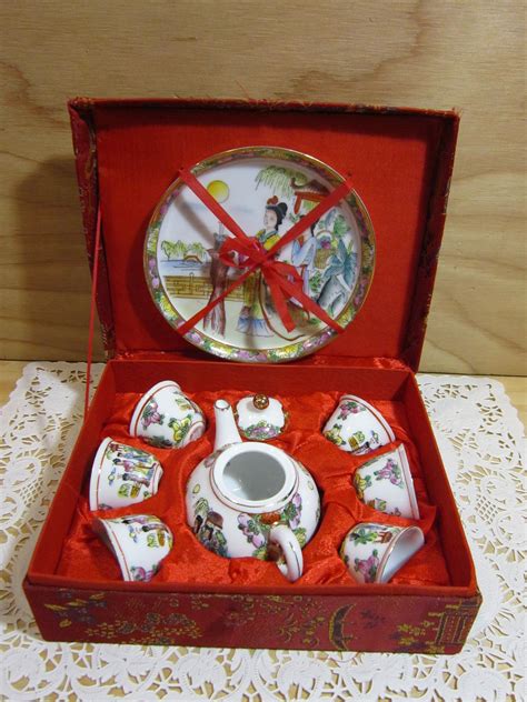 Vintage 9 Piece Chinese Miniature Tea Set In Original Brocade Red Box * Hand Painted Porcelain ...