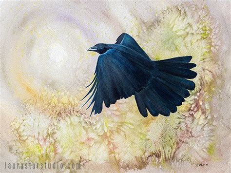 "Raven Blue" a flying raven with reflected blue light before a multi ...