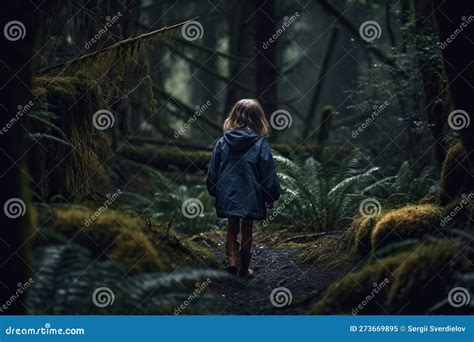 Little Girl Walking in the Dark Mystery Forest, Back View. Seemingly ...