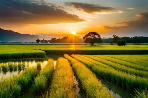 Premium Photo | A beautiful sunset over a rice field