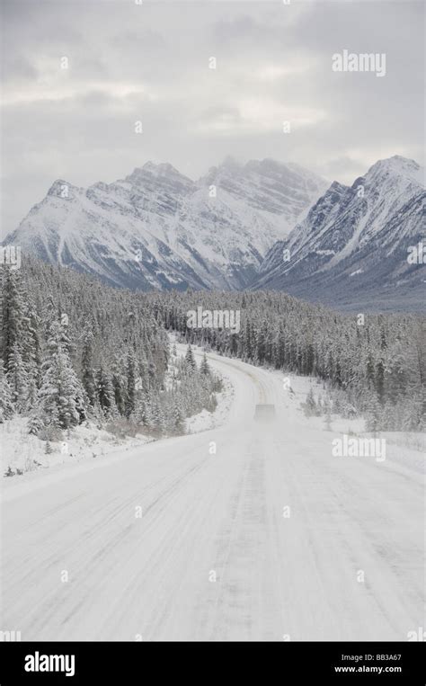 Canada, Alberta, Icefields Parkway. Jasper National Park in winter. Scenic highway connecting ...