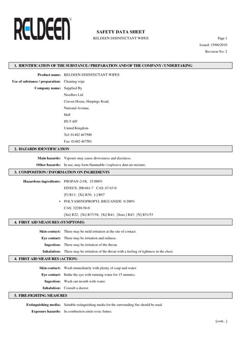 RELDEEN DISINFECTANT WIPES MSDS Download