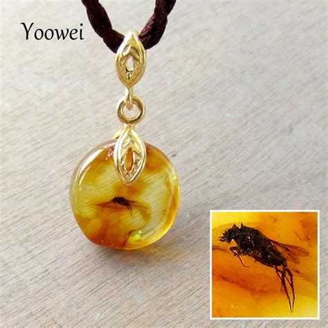 Yoowei Amber Pendant Necklace for Women Baltic Clear Flying Bugs S925 Silver 14mm Round Natural ...