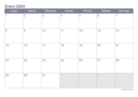 Calendario enero de 2024 para imprimir