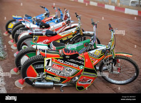 Speedway bikes are lined up on the track before racing Stock Photo: 30716147 - Alamy