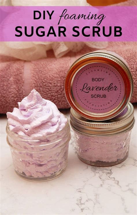 Very easy foaming, whipped DIY sugar scrub recipe with lavender essential oil. Cleanses and ...