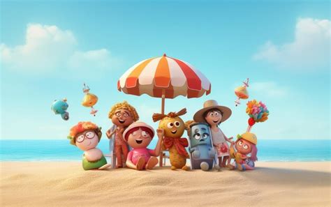 Premium Photo | 3d kids cartoon characters on the beach enjoying summer ...