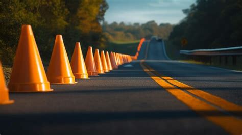 Premium Photo | Row of traffic cones on a long empty road