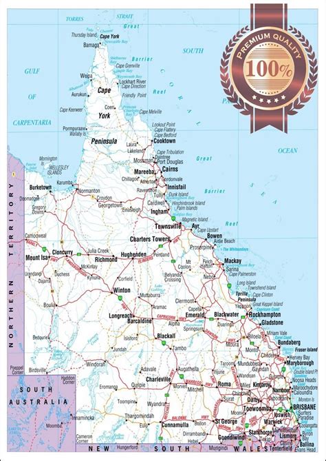 Detailed Map of Queensland Qld Aus Australian Roads Premium Waterproof Tear Proof Poster Atlas ...