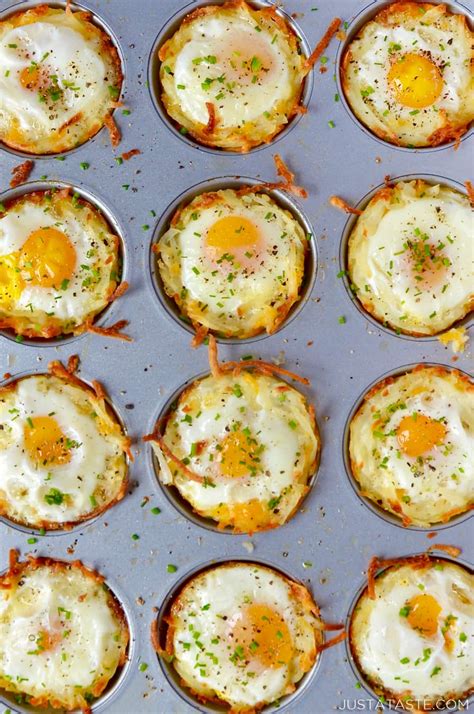 Cheesy Hash Brown Cups with Baked Eggs - Just a Taste