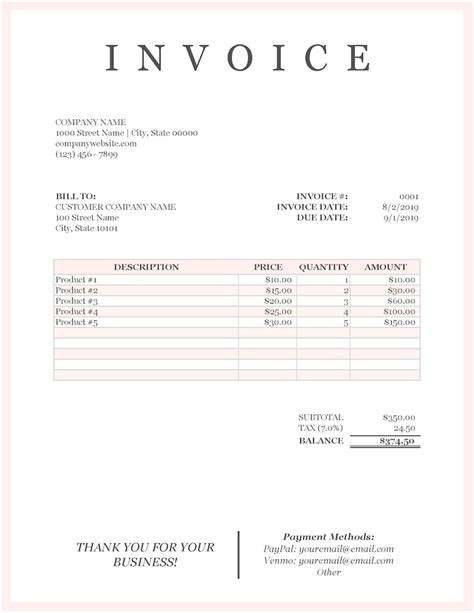 Invoice Template Pink, Business Invoice Spreadsheet, Excel Invoice ...