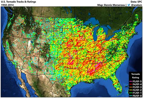 Paths of every registered tornado from 1990 to 2014 : r/MapPorn