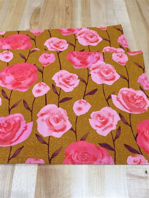 Floral placemats, Set of 2 Cloth Placemats, Pink Caramel Plum Reversible Placemats, Handmade ...