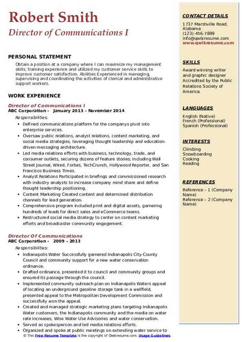 Director Of Communications Resume Samples | QwikResume