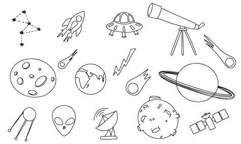 A black and white drawing of various planets and a telescope. Space elements doodle vector ...