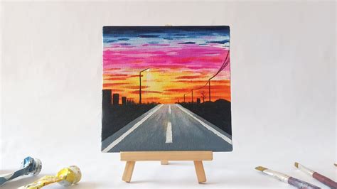 Sunset Road Acrylic Painting For Beginners | Easy Mini Canvas Painting ...