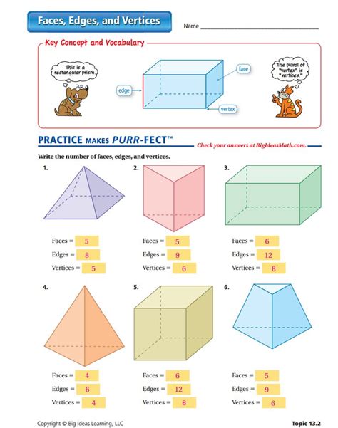 Faces, Edges, and Vertices Worksheet - ANSWERS | Math worksheet, Learning shapes, Math fact ...