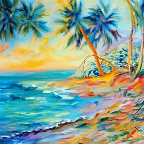 Tropical beach oil painting in renoir style