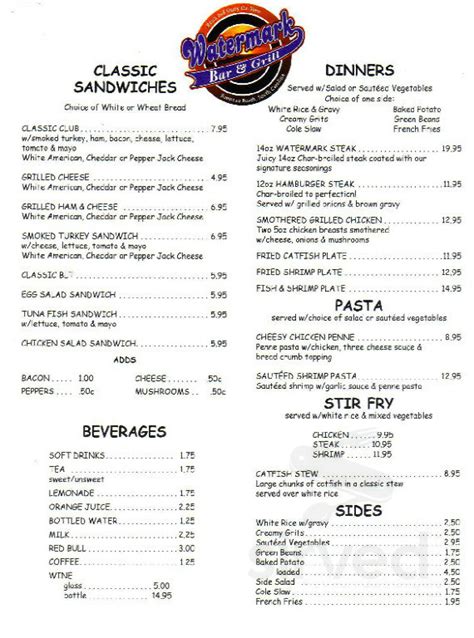 Menu for Watermark Bar & Grill in Bonneau, SC | Sirved