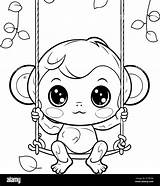 Cute Baby monkey swinging On A swing Coloring Book For Children Stock  sketch template